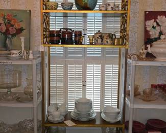 Beautiful Hollywood Regency baker's rack & dishes