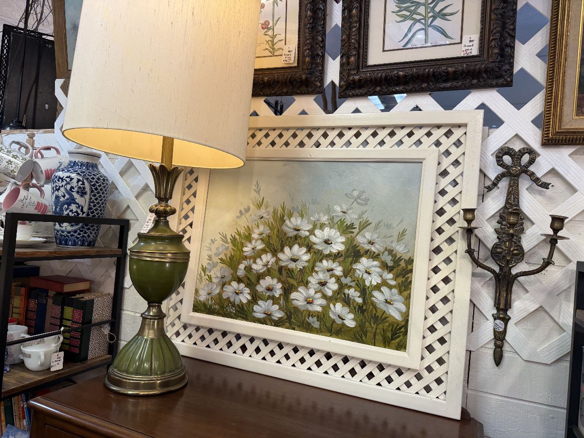 Large original signed oil painting with lattice framing, MCM green lamp