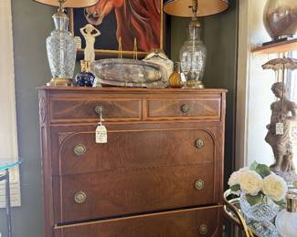 antique chest of drawers, framed horse oil painting, crystal lamps