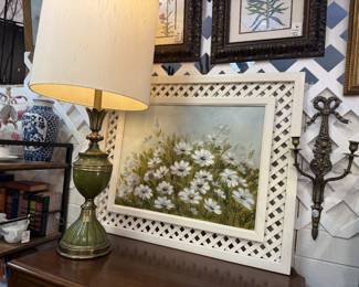 Large original signed oil painting with lattice framing, MCM green lamp