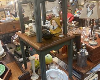 green and wood side tables