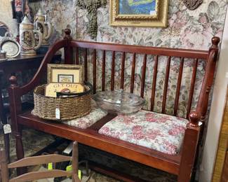 vintage wooden bench, framed art, crosses