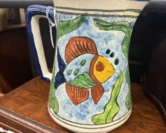 Hand-Painted Talavera pottery pitcher from Mexico featuring decorative fish design in multicolor glazes