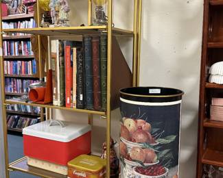 vintage books, lamps, collectible campbell's tin, cake stand