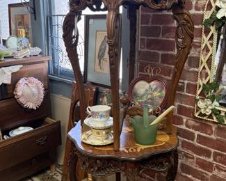 antique side tables, tea cups and saucers
