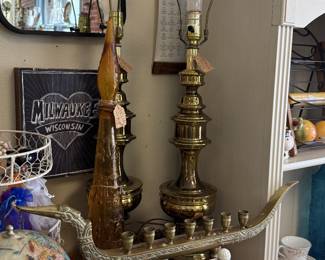 beautiful brass lamps, mirrors, tea cups and saucers