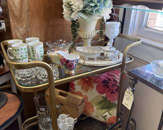 vintage bar cart, clock, mugs