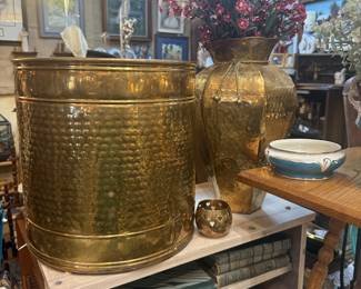 large brass bucket and vase, vintage books