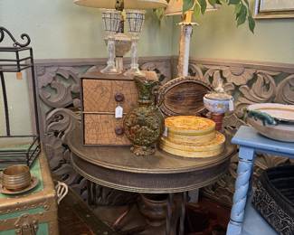 side table, vintage lamp, wooden blue table, vintage trunk
