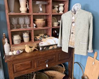 vintage jacket, glassware, bowls, crocks, baskets