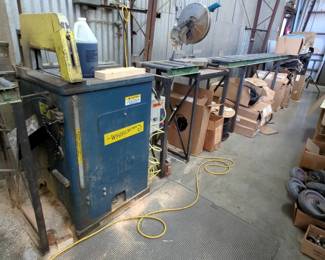 Whirlwind Pneumatic Upcut Saw, With Makita 14" Miter Saw, Model LS1440, Powers On, And Mathews Roller Table, Approx 38.5" x 35'6", Powers On