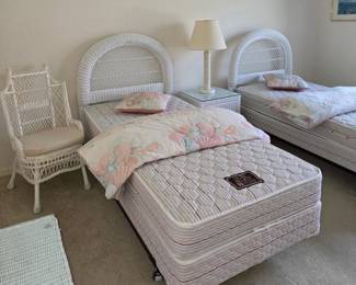 Vintage white wicker twin beds and chair