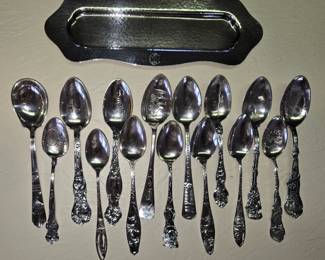 Sterling souvenir spoons and sterling tray