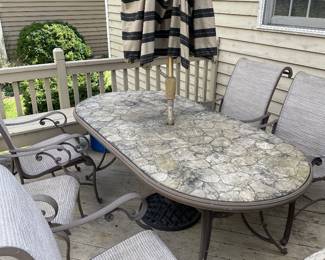 Table, umbrella/stand, 4 chairs $150