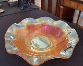 Vintage Marigold Orange Carnival Glass Bowl Ruffled Lip
