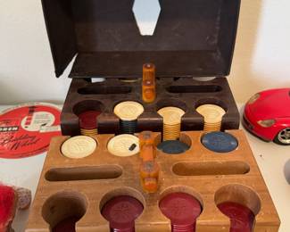 Vintage Bakelite Handle Poker Chips Set Wood Chip & Card Caddy