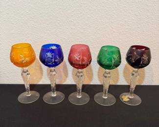 Vintage Lausitzer Bohemian Multi-Colored Set of 5 Crystal Cut Cordial glasses