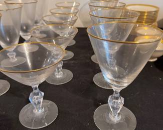 Tiffin-Franciscan True Love clear water goblets with gold rims, manufactured between 1964 and 1966