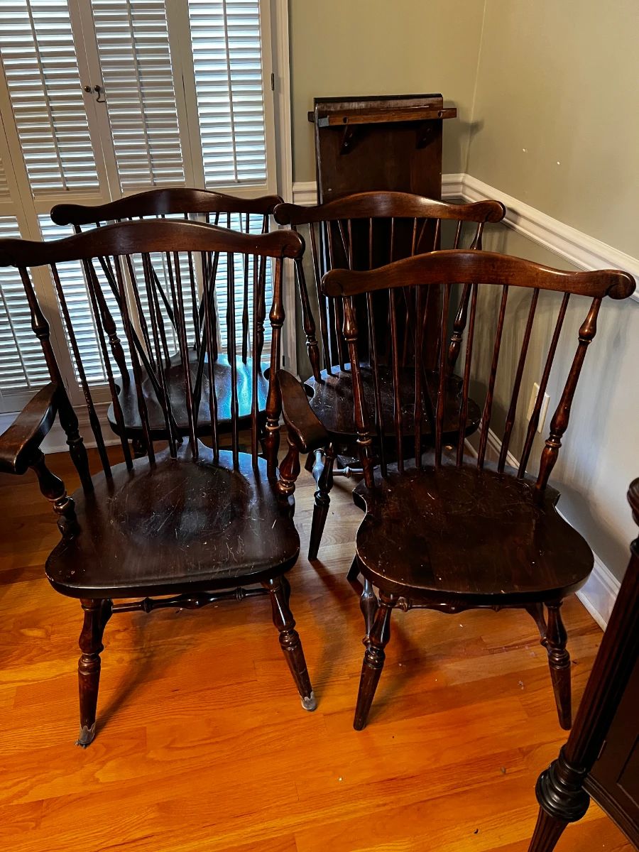 #8	Wood Odd Dining Set of 4 Chairs - three arnless and 1 arm	 $120.00 