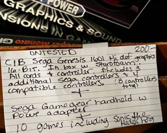 #225	CIB Sega Genesis 1601 w/high Def Graphics 16 Bit In Box with Stryofoam, All Cords and Controllers , includs 3 additional sega Controllers and 4 Compatible Controllers - Sega Game Gear w/power Adapter and 10 Games including sonic the Hedge Hog - Untested 	 $200.00 