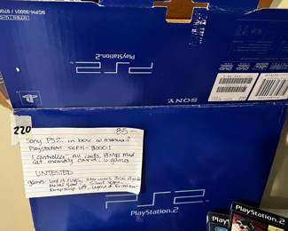 #220	Sony PS2 in Box w/manual play Station Model SCPH-3001 includes 1 controller all cords 8MB  Madcap Memory Card and 6 Games 	 $85.00 