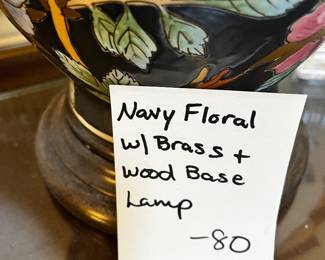 #75	Navy Floral w/Brass & Wood Base Lamp - 30" Tall	 $80.00 
