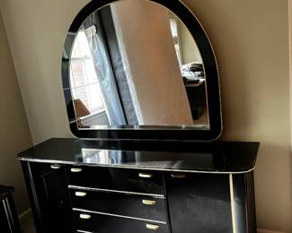 #61	Black Lacquer Dresser w/mirror - w/4 drawers & 2 Doors w/shelve inside - 64x18x29   Mirror - 48x40 - Upstairs you move down	 $40.00 