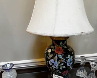 #75	Navy Floral w/Brass & Wood Base Lamp - 30" Tall	 $80.00 