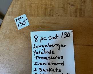 #87	Longaberger Yuletide Treasures Iron Stand - 2 Baskets, 2 liners Cloth, 2 liners plastic and 1 wood lid - 8 pc set	 $80.00 