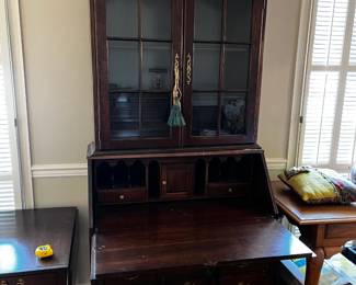 #24	Pennsylvania Wood Carved Front Secretary w/4 Drawers & 2 Glass Door w/drop-front & Cubbies (2 drawers inside cubbies) 36x18-32x84 - 2 pieces - w/key	 $275.00 