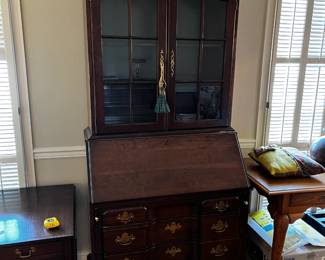 #24	Pennsylvania Wood Carved Front Secretary w/4 Drawers & 2 Glass Door w/drop-front & Cubbies (2 drawers inside cubbies) 36x18-32x84 - 2 pieces - w/key	 $275.00 
