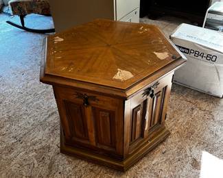 #124	Octoganol 2 Door End Table Wood (as is finish)	 $20.00 