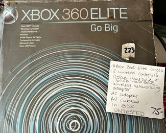 #223	Xbox 360 Elite Console 2 wireless controllers 120GB plus 60 GB harddrive, wireless Networking Adapter plus Cables in Box untested	 $75.00 