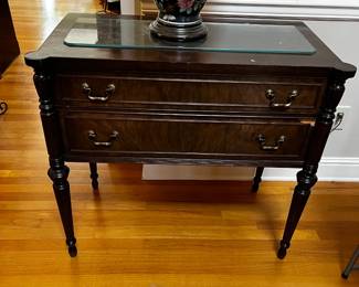 #28	Wood 2 Drawer Entry Table (has chip on Front) - 36x18x33	 $100.00 