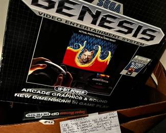 #225	CIB Sega Genesis 1601 w/high Def Graphics 16 Bit In Box with Stryofoam, All Cords and Controllers , includs 3 additional sega Controllers and 4 Compatible Controllers - Sega Game Gear w/power Adapter and 10 Games including sonic the Hedge Hog - Untested 	 $200.00 
