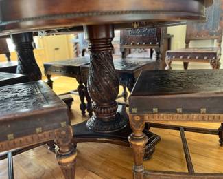 Tooled Leather Antique Table And Chairs