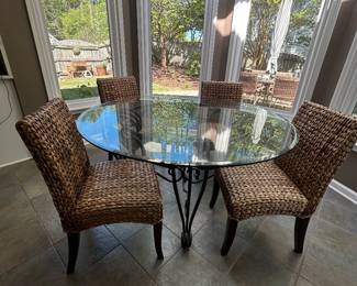 Dining table with 4 Pottery Barn seagrass chairs and 2 matching stools