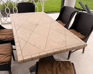 Stone Table with 6 chairs - wrought iron base - weathered 78 x 42