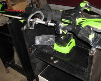 Greenworks weed whip and blower on right, hedge trimmer on left