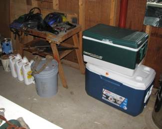 coolers, vintage childs work bench, bicycle parts