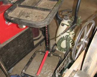 tool cart, weed sprayer, floor jack