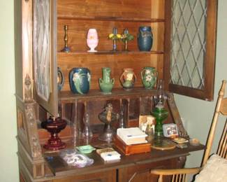 beautiful drop front desk, Roseville pottery, oil lamps and more