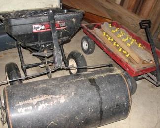 plastic lawn roller, lawn spreader, wagon
