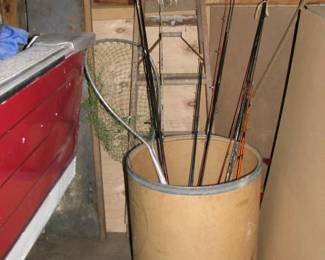 fishing poles, net wood step ladder