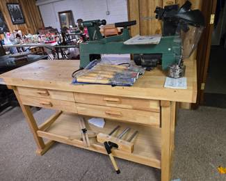 Wood working bench, mini lathe, woodworking tools (sold separately)