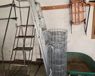 Mobile steps, aluminum ladder, fencing, wheelbarrow, vintage sled
