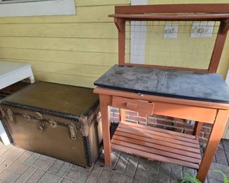 Gardening bench, vintage steamer trunk