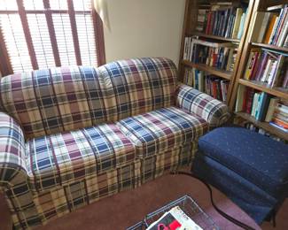 Sleeper sofa, blue ottoman