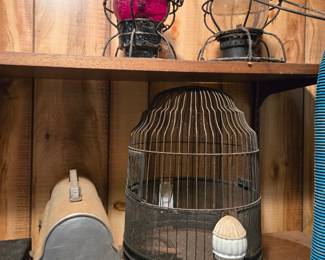 Bird cage, lunch pail, railroad lanterns