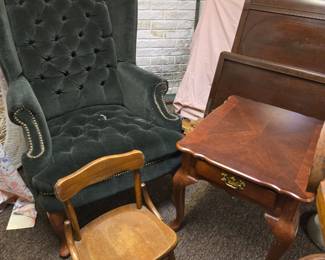 Green wing chair, end table, child's wood chair